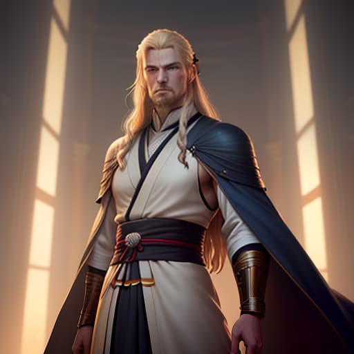  A tall man with an athletic build, beautiful milky blond long hair, beautiful dark blue eyes, straight posture, fantasy temple background, frowning expression. Naruto anime style, beautiful face, more details, beautiful Hanafuda earrings in his ears, the style of clothing of a combat hermit Shinobi. A beautiful full length body., dark , creepy , blood , monsters , by Jason Engle , Carlos Huante , Charlie Bowater , Simon Lee , Brom hyperrealistic, full body, detailed clothing, highly detailed, cinematic lighting, stunningly beautiful, intricate, sharp focus, f/1. 8, 85mm, (centered image composition), (professionally color graded), ((bright soft diffused light)), volumetric fog, trending on instagram, trending on tumblr, HDR 4K, 8K