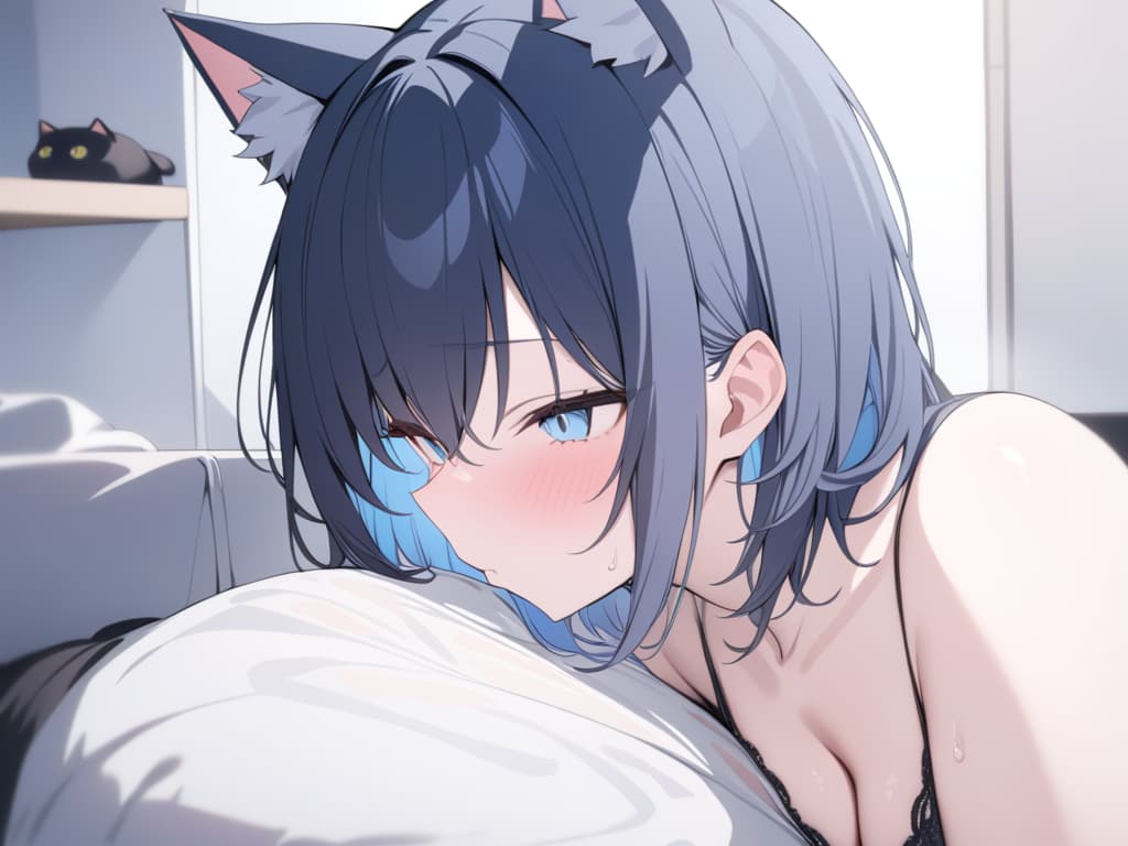  Short hair, light blue mesh, , cat ears, jit eyes, light blue eyes, big s, dark blue hair, female gaki, light blue inner color, masterpiece, best quality,8k,ultra detailed,high resolution,an extremely delicate and beautiful,hyper detail