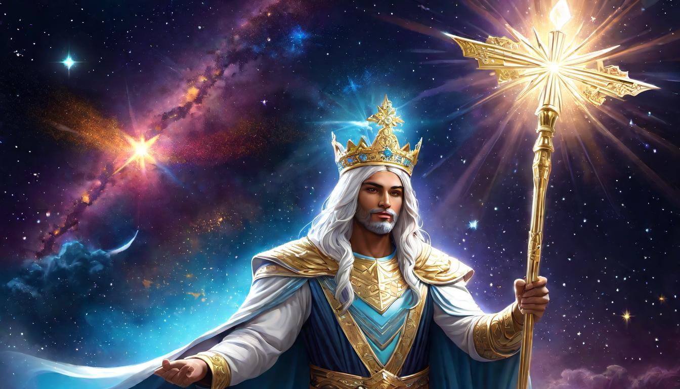  digital illustration, A celestial monarch, crowned with stars, holding a glowing scepter of divine light, regal robes adorned with cosmic patterns, ethereal and majestic, celestial backdrop, radiant light, looking at viewer, dynamic pose, (intricate details, masterpiece, best quality)