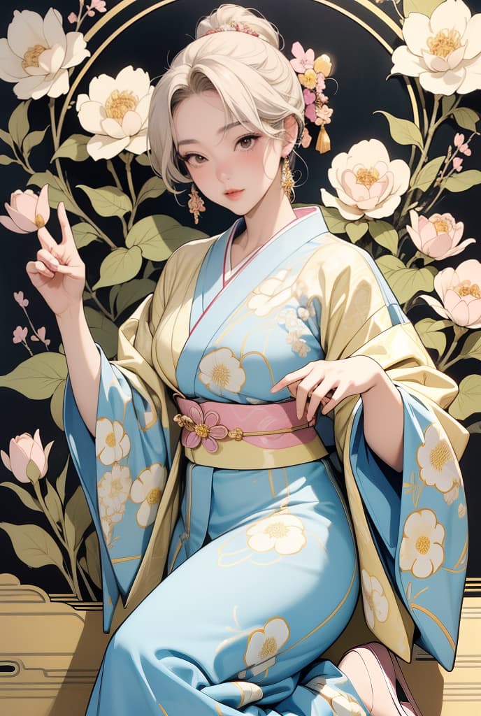  Classical tarot card style, Art Nouveau, Alex Solis stlye, Anime, Japanese traditional queen pastel yellow Yukata, A very beautiful Japanese girl, Glamorous, Look ahead, Perfect full body, Perfect figure, perfect finger, Women are surrounded by complex designs and pastel yellow flowers in traditional Japanese patterns, Background is reminiscent of stained glass or elaborate metalwor, ADVERTISING PHOTO,high quality, good proportion, masterpiece , The image is captured with an 8k camera