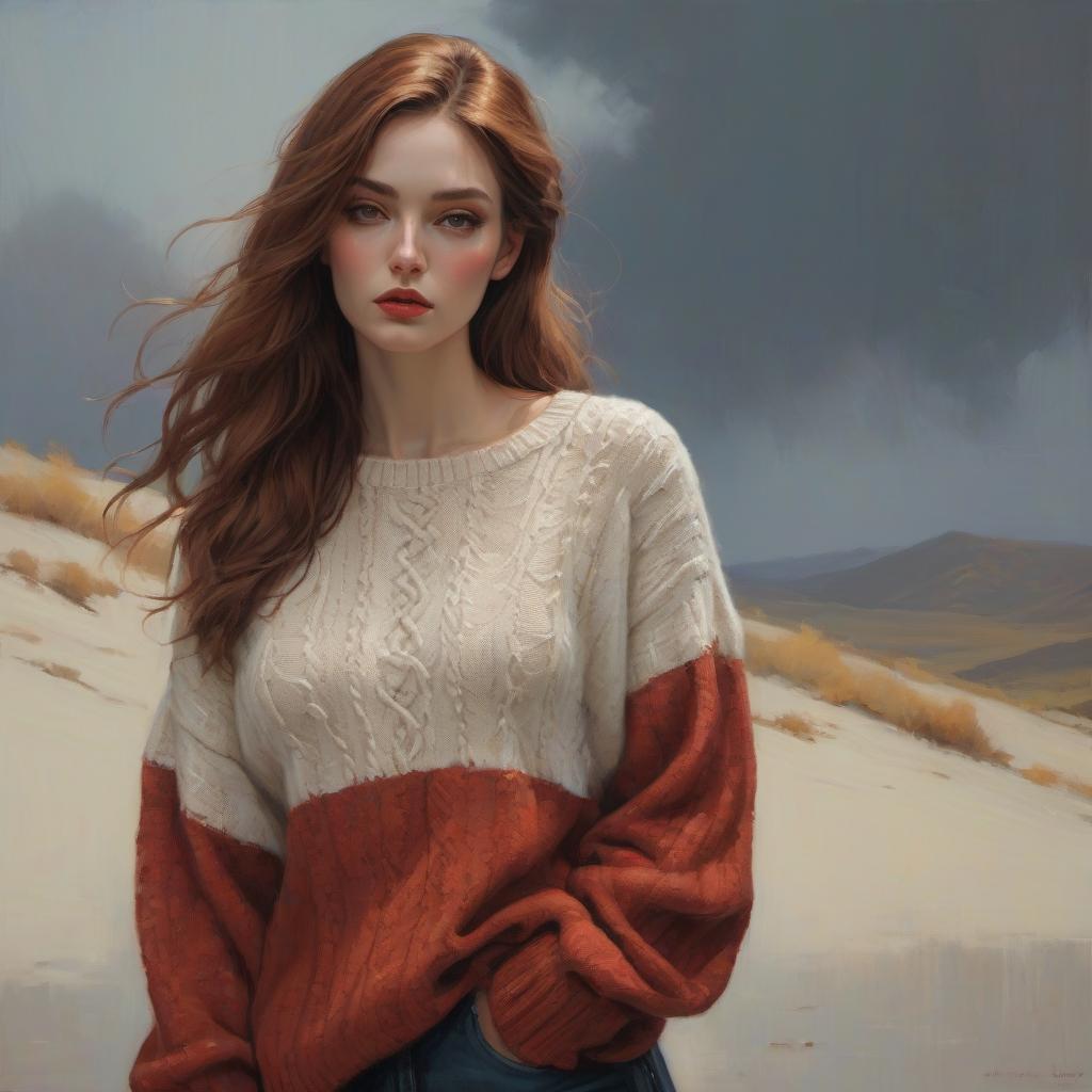  concept art Sweater girl. Oil painting by Malcolm Liepke. autumn colors, cozy oversized sweater, flowing hair, intricate details, rich textures, masterful use of light and shadow, contemporary art . digital artwork, illustrative, painterly, matte painting, highly detailed hyperrealistic, full body, detailed clothing, highly detailed, cinematic lighting, stunningly beautiful, intricate, sharp focus, f/1. 8, 85mm, (centered image composition), (professionally color graded), ((bright soft diffused light)), volumetric fog, trending on instagram, trending on tumblr, HDR 4K, 8K