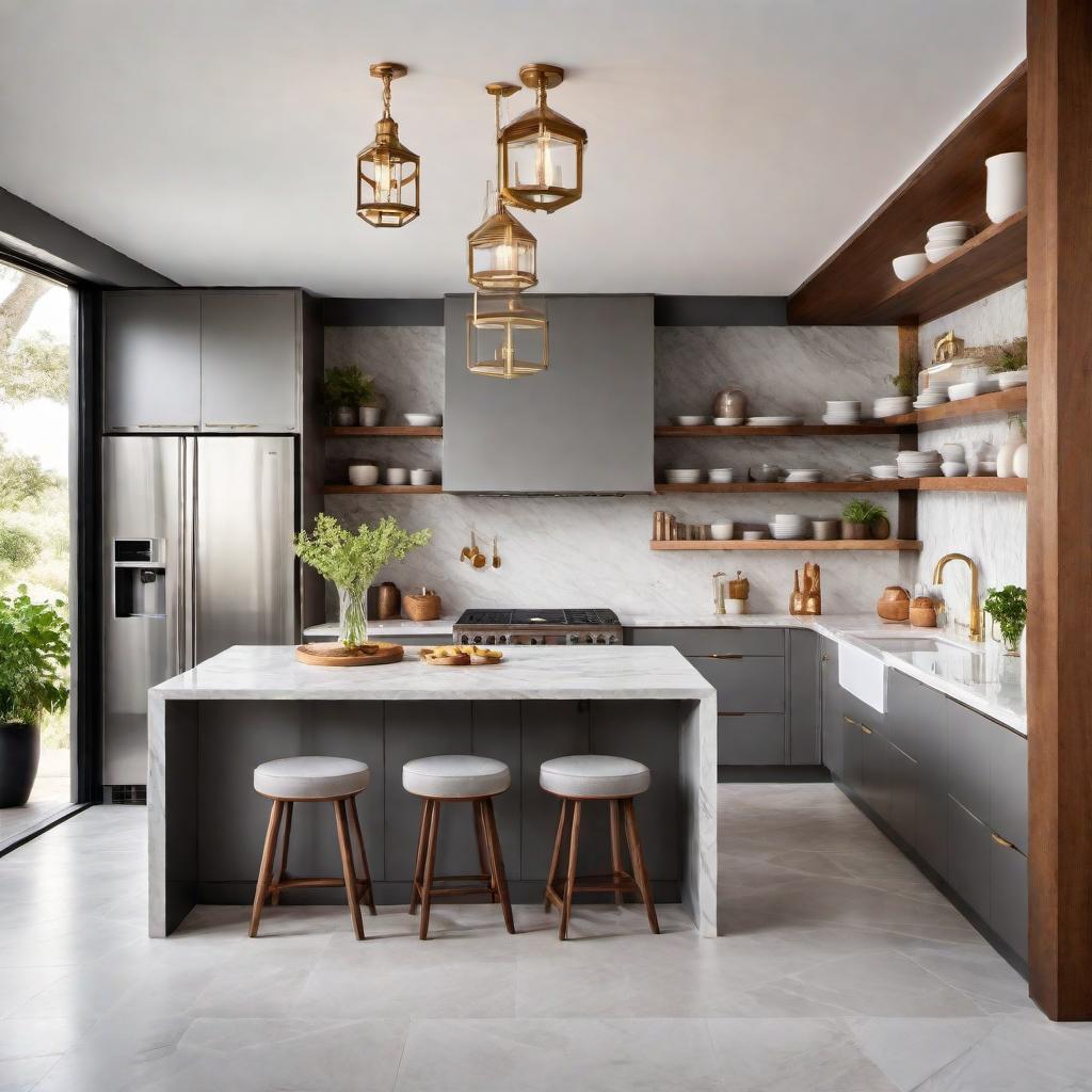  A kitchen with a more modern design. Replace old-fashioned elements with sleek, minimalist cabinetry in a neutral color such as white or gray. Add stainless steel appliances, modern light fixtures, and a kitchen island with a marble or granite countertop. Incorporate a tiled backsplash with geometric patterns, and include open shelving for a contemporary touch. The flooring should be upgraded with hardwood or polished concrete for a streamlined look. hyperrealistic, full body, detailed clothing, highly detailed, cinematic lighting, stunningly beautiful, intricate, sharp focus, f/1. 8, 85mm, (centered image composition), (professionally color graded), ((bright soft diffused light)), volumetric fog, trending on instagram, trending on tumblr, HDR 4K, 8K