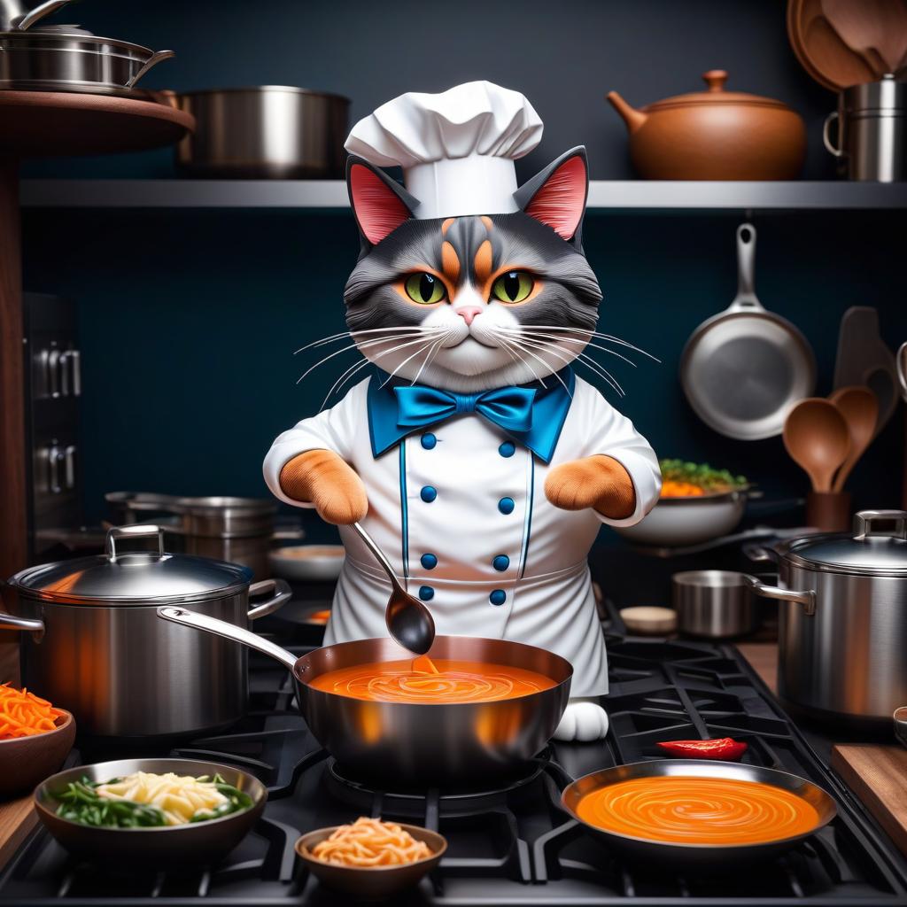  stacked papercut art of A cartoon cat pretending to be a chef. Dressed in a chef's uniform. Holding a ladle in his front paws. There is a pot of soup on the stove next to the cat. . 3D, layered, dimensional, depth, precision cut, stacked layers, papercut, high contrast hyperrealistic, full body, detailed clothing, highly detailed, cinematic lighting, stunningly beautiful, intricate, sharp focus, f/1. 8, 85mm, (centered image composition), (professionally color graded), ((bright soft diffused light)), volumetric fog, trending on instagram, trending on tumblr, HDR 4K, 8K