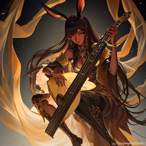  Brown black humanoid rabbit bard with a lute from fantasy. hyperrealistic, full body, detailed clothing, highly detailed, cinematic lighting, stunningly beautiful, intricate, sharp focus, f/1. 8, 85mm, (centered image composition), (professionally color graded), ((bright soft diffused light)), volumetric fog, trending on instagram, trending on tumblr, HDR 4K, 8K