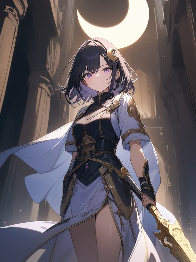  Holy Swordsman,Holy sword,golden sword,sacred place,glare,smile,sword raised,golden light,Excalibur,cool girl,Black hair,(purple eyes),short,cropped hair,crescent moon hair ornament, masterpiece, best quality,8k,ultra detailed,high resolution,an extremely delicate and beautiful,hyper detail