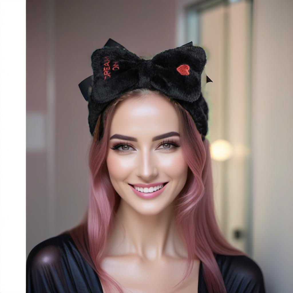  A beautiful stands in a shower room with a dainty pink color, looking aside. Her hair is covered by a black cosmetic bandage with a bow, very happy, widely smiling. A soft pink towel slides down her shoulders. The background is hazy, the light is studio from the side of a window., Perfect Hands hyperrealistic, full body, detailed clothing, highly detailed, cinematic lighting, stunningly beautiful, intricate, sharp focus, f/1. 8, 85mm, (centered image composition), (professionally color graded), ((bright soft diffused light)), volumetric fog, trending on instagram, trending on tumblr, HDR 4K, 8K