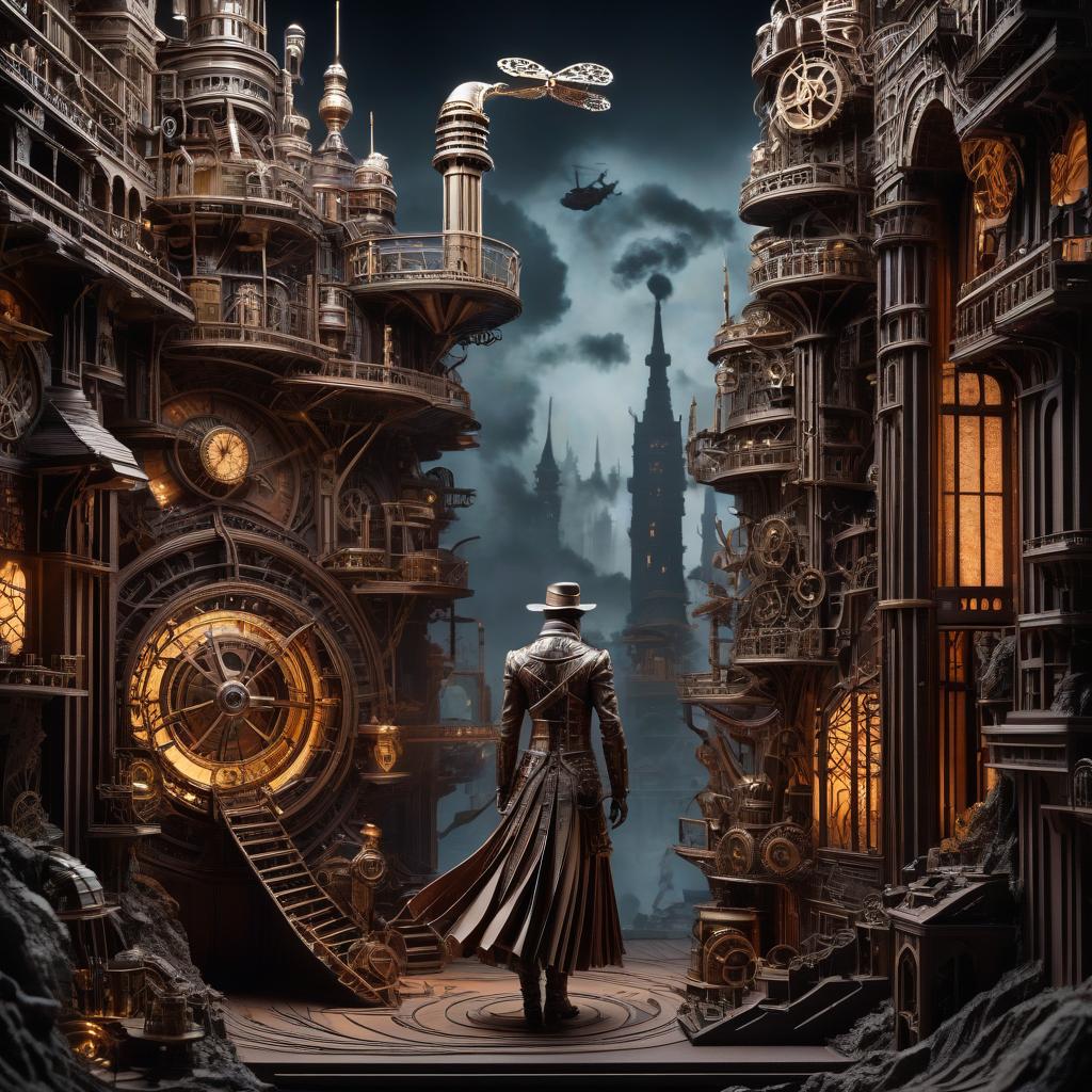  stacked papercut art of Steampunk, underworld. . 3D, layered, dimensional, depth, precision cut, stacked layers, papercut, high contrast hyperrealistic, full body, detailed clothing, highly detailed, cinematic lighting, stunningly beautiful, intricate, sharp focus, f/1. 8, 85mm, (centered image composition), (professionally color graded), ((bright soft diffused light)), volumetric fog, trending on instagram, trending on tumblr, HDR 4K, 8K