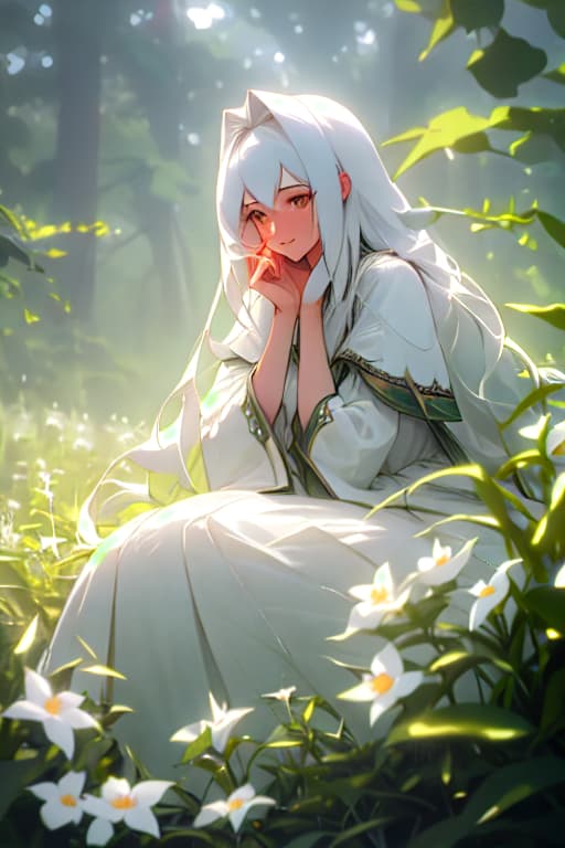  (masterpiece, best quality),1girl with long white hair sitting in a field of green plants and flowers, her hand under her chin, warm lighting, white dress, blurry foreground hyperrealistic, full body, detailed clothing, highly detailed, cinematic lighting, stunningly beautiful, intricate, sharp focus, f/1. 8, 85mm, (centered image composition), (professionally color graded), ((bright soft diffused light)), volumetric fog, trending on instagram, trending on tumblr, HDR 4K, 8K