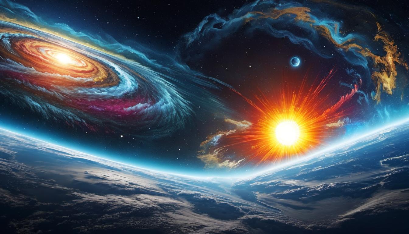  digital illustration Streams of solar wind and magnetic fields heading towards Earth, wave like patterns and arrows indicating direction, Earth's magnetosphere depicted with concentric layers, interaction, impact, cosmic chaos looking at viewer, dynamic pose, (intricate details, masterpiece, best quality)