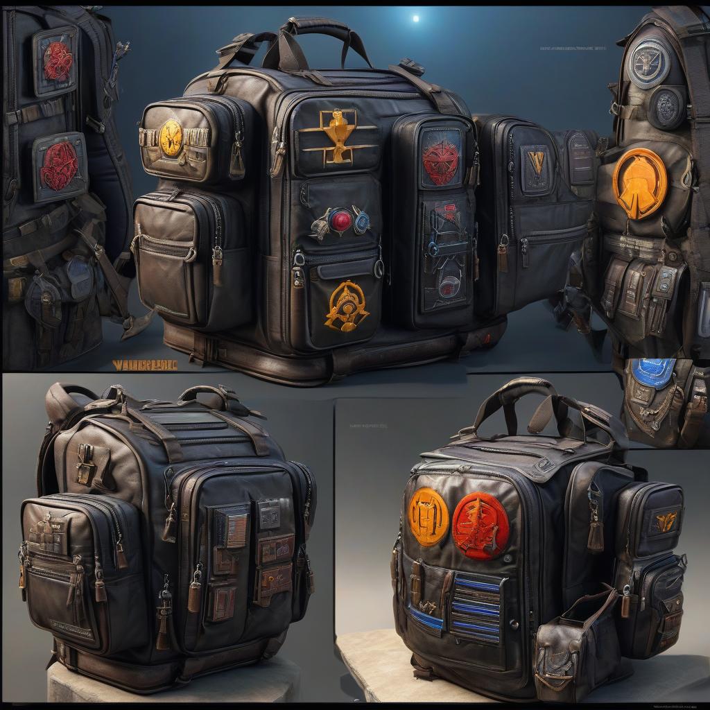  retro game art Warhammer 40000 Backpack Concept: Front, Side, and Back . 16 bit, vibrant colors, pixelated, nostalgic, charming, fun hyperrealistic, full body, detailed clothing, highly detailed, cinematic lighting, stunningly beautiful, intricate, sharp focus, f/1. 8, 85mm, (centered image composition), (professionally color graded), ((bright soft diffused light)), volumetric fog, trending on instagram, trending on tumblr, HDR 4K, 8K