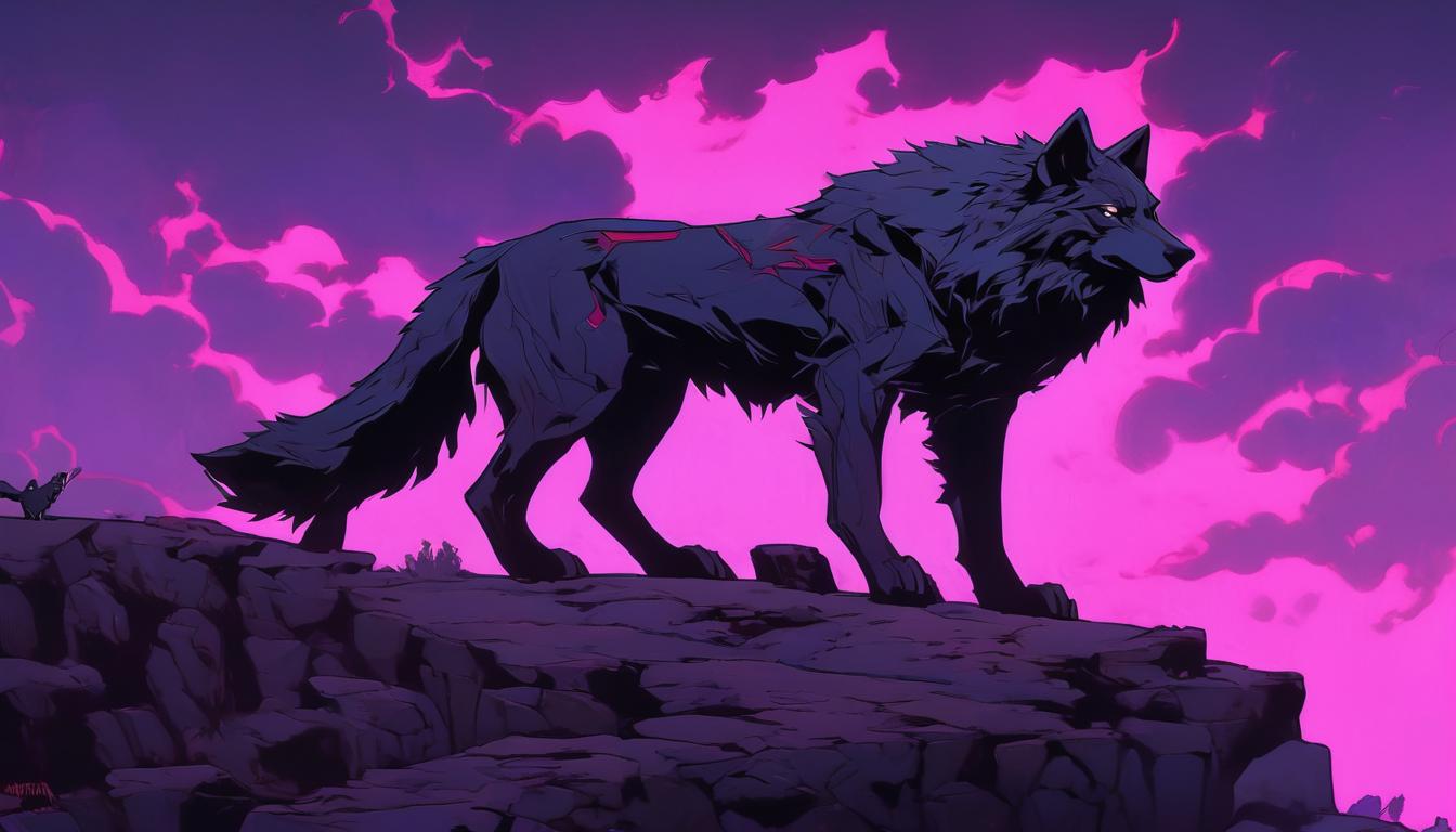  hyperrealism,fantasy aestheticLone wolf standing atop a cliff, silhouetted against a twilight sky, fur detailed with fine lines, landscape below is a blend of shadows and subtle hues, wolves, solitude, strength, high tech clothing clad in sleek, futuristic costume with metallic accents and form fitting designs, marvel superhero comics style, unreal engine rendering