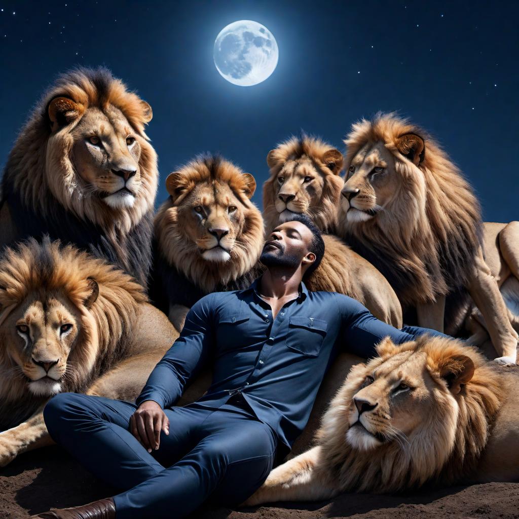  A human man asleep in the middle of a den of peaceful lions under a dark blue sky, with the moon far off in the distance. hyperrealistic, full body, detailed clothing, highly detailed, cinematic lighting, stunningly beautiful, intricate, sharp focus, f/1. 8, 85mm, (centered image composition), (professionally color graded), ((bright soft diffused light)), volumetric fog, trending on instagram, trending on tumblr, HDR 4K, 8K