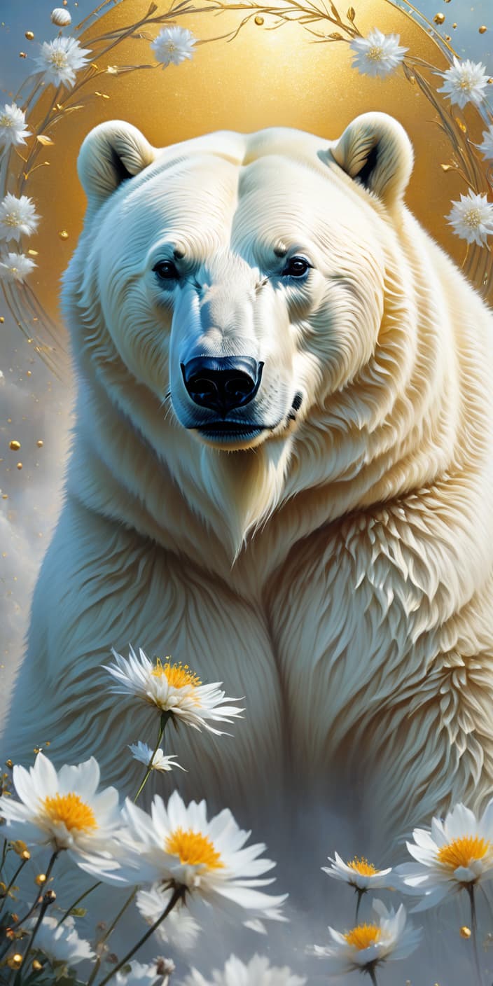  concept art Digital oil painting impasto. Gorgeous correct, realistic polar bear. Beautiful, majestic, mystical, epic appearance:: detailed white fur. Background:: surreal abstract with runic circle, thin vines, dandelion flowers, fantastic golden blossoms. Glowing signs and sparkling particles. Detailed detailing. Stylistics: fairy tale, dream, fantasy, modern. In the manner of Nikolai Feshin, Pino Daeni, Fragonard, Van Gogh. . digital artwork, illustrative, painterly, matte painting, highly detailed hyperrealistic, full body, detailed clothing, highly detailed, cinematic lighting, stunningly beautiful, intricate, sharp focus, f/1. 8, 85mm, (centered image composition), (professionally color graded), ((bright soft diffused light)), volumetric fog, trending on instagram, trending on tumblr, HDR 4K, 8K