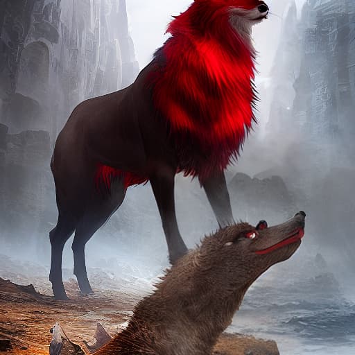  Caperucita roja y el lobo hyperrealistic, full body, detailed clothing, highly detailed, cinematic lighting, stunningly beautiful, intricate, sharp focus, f/1. 8, 85mm, (centered image composition), (professionally color graded), ((bright soft diffused light)), volumetric fog, trending on instagram, trending on tumblr, HDR 4K, 8K