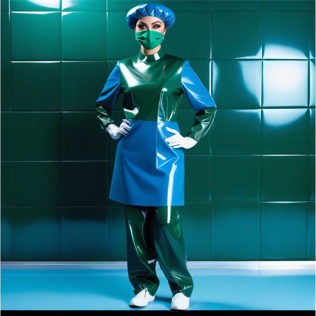  {A woman surgeon wearing a shower beret made of two colors glossy latex. The upper part of the beret has a rounded dome in the shape of a mushroom, with folds, made of (glossy dark blue latex.: 1.3) The lower part of the beret has folds on an elastic band, made of glossy dark green latex. The shower cap is divided horizontally into two parts, covering the hair, ears, and forehead, framing the face.} hyperrealistic, full body, detailed clothing, highly detailed, cinematic lighting, stunningly beautiful, intricate, sharp focus, f/1. 8, 85mm, (centered image composition), (professionally color graded), ((bright soft diffused light)), volumetric fog, trending on instagram, trending on tumblr, HDR 4K, 8K