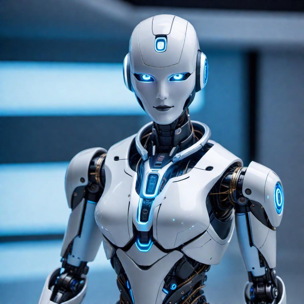  A friendly AI assistant represented as a sleek, modern robot with a friendly expression. The robot has a humanoid shape with a smooth, shiny surface, and glowing blue accents. It stands in a futuristic, clean, and sleek environment, perhaps with some holographic displays or technological devices around. hyperrealistic, full body, detailed clothing, highly detailed, cinematic lighting, stunningly beautiful, intricate, sharp focus, f/1. 8, 85mm, (centered image composition), (professionally color graded), ((bright soft diffused light)), volumetric fog, trending on instagram, trending on tumblr, HDR 4K, 8K