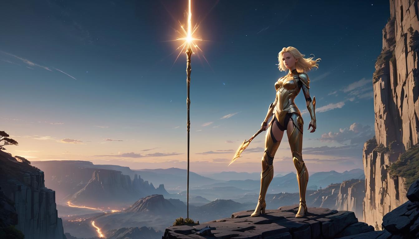  1girl, large busted attractive blonde arian female humanoid, standing on a cliff, holding a staff of light, beacon shining across the cosmos, guiding and uplifting others, high tech clothing clad in sleek, futuristic costume with metallic accents and form fitting designs, marvel superhero comics style, unreal engine rendering