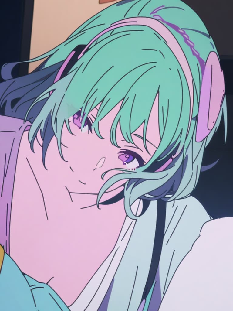  1girl,18yo,green hair,short hair,purple eyes,headphone,over parker,light smile,anime screencap,flat color,, masterpiece, best quality,8k,ultra detailed,high resolution,an extremely delicate and beautiful,hyper detail