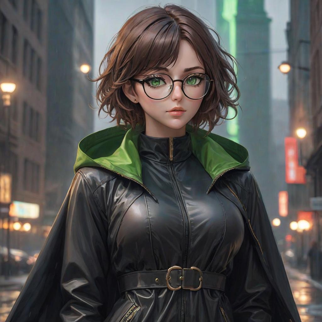  The goddess of justice and order and rigor. Short brown hair, green eyes, glasses and piercings. A black raincoat. hyperrealistic, full body, detailed clothing, highly detailed, cinematic lighting, stunningly beautiful, intricate, sharp focus, f/1. 8, 85mm, (centered image composition), (professionally color graded), ((bright soft diffused light)), volumetric fog, trending on instagram, trending on tumblr, HDR 4K, 8K