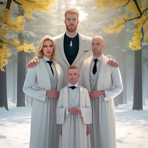  family photo: tall handsome blonde guy and short fat bald man hyperrealistic, full body, detailed clothing, highly detailed, cinematic lighting, stunningly beautiful, intricate, sharp focus, f/1. 8, 85mm, (centered image composition), (professionally color graded), ((bright soft diffused light)), volumetric fog, trending on instagram, trending on tumblr, HDR 4K, 8K