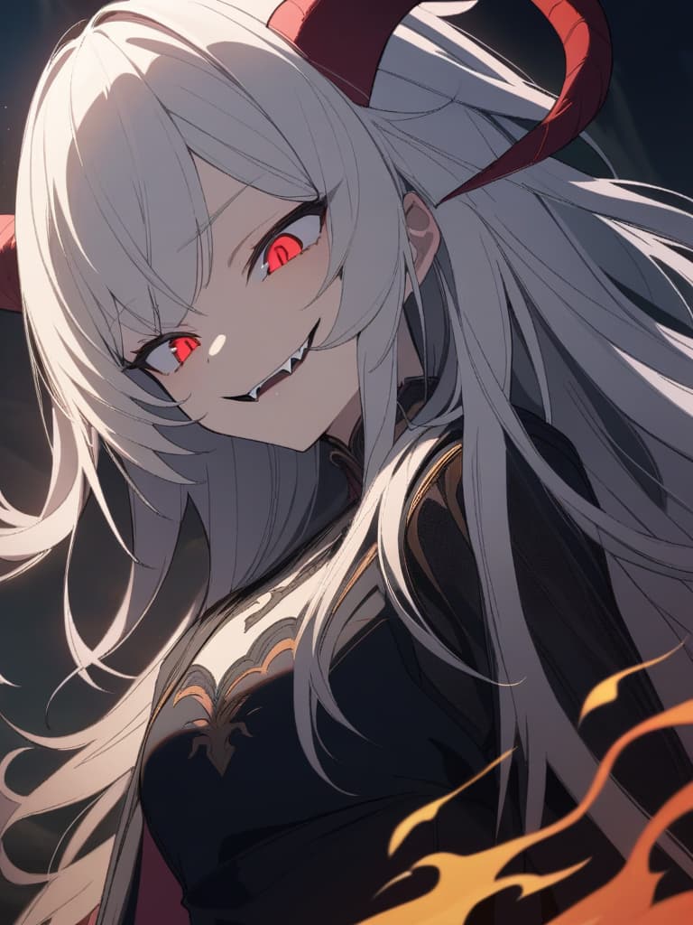  Young ,young ,cute,beautiful ,bad face,horrible smile,silver hair,red eyes,looking down,looking down,aori composition,fangs,big horns,black dress,madnessYoung ,young ,cute,beautiful ,bad face,horrible smile,silver hair,red eyes,looking down,looking down,aori composition,fangs,big horns,black dress,madness、ultra detailed,best shadow,cute and beautiful face,(masterpiece:1.2),(best quality:1.2),detailed background,high contrast,(best illumination,an extremely delicate and beautiful),((cinematic light)),hyper detail,dramatic light,intricate details,8k,anime,very aesthetic、The villain is laughing with his fangs,night,dark,Fire Effect,Demon King,Devil,Last Boss, masterpiece, best quality,8k,ultra detailed,high resoluti