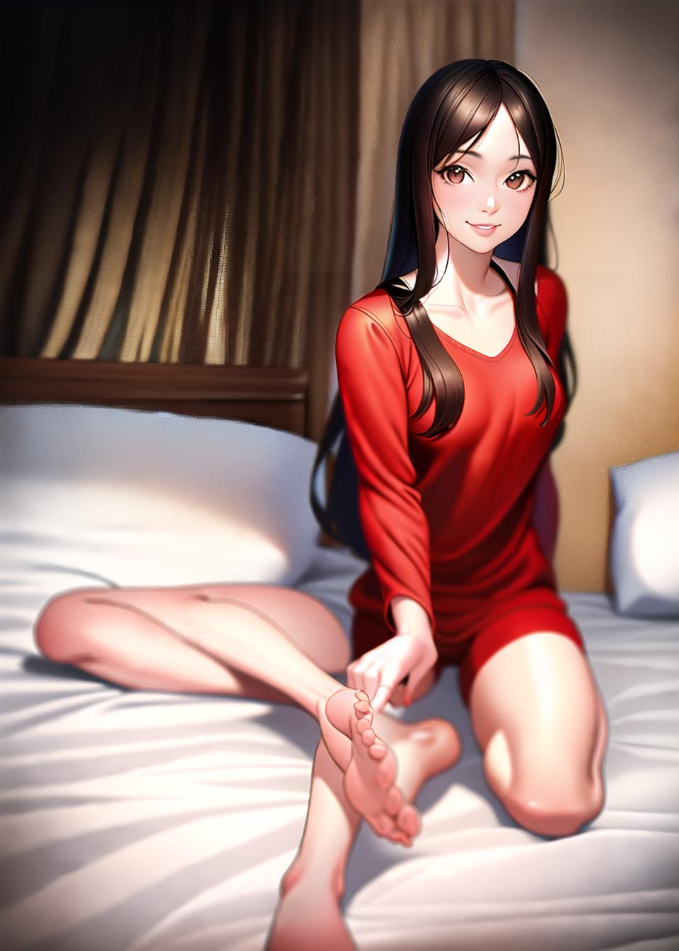  Brown hair girl, smiling, long hair, red pajamas, denim shorts, beautiful legs, back appearance, lower body, bed, (Masterpiece, BestQuality:1.3), (ultra detailed:1.2), (hyperrealistic:1.3), (RAW photo:1.2),High detail RAW color photo, professional photograph, (Photorealistic:1.4), (realistic:1.4), ,professional lighting, (japanese), beautiful face, (realistic face)