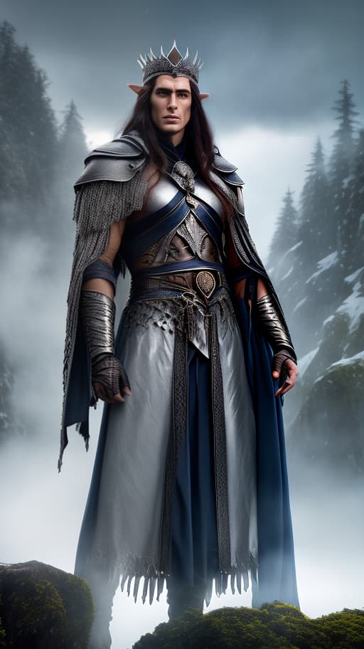  A handsome, masculine, warlike young elf man with long black hair, gray eyes, a narrow face, a scar on his face, wearing silver chain mail armor, a blue cloak, a crown, is standing full height against a background of blue misty mountains., wildlife photography, photograph, high quality, wildlife, f 1.8, soft focus, 8k, national geographic, award winning photograph by nick nichols hyperrealistic, full body, detailed clothing, highly detailed, cinematic lighting, stunningly beautiful, intricate, sharp focus, f/1. 8, 85mm, (centered image composition), (professionally color graded), ((bright soft diffused light)), volumetric fog, trending on instagram, trending on tumblr, HDR 4K, 8K