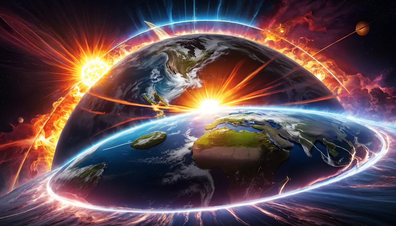  digital illustration Solar winds and magnetic fields clashing with Earth's magnetic field, electric and magnetic lines intertwining, Earth surrounded by a distorted magnetic field, high energy interactions, geomagnetic turmoil looking at viewer, dynamic pose, (intricate details, masterpiece, best quality)