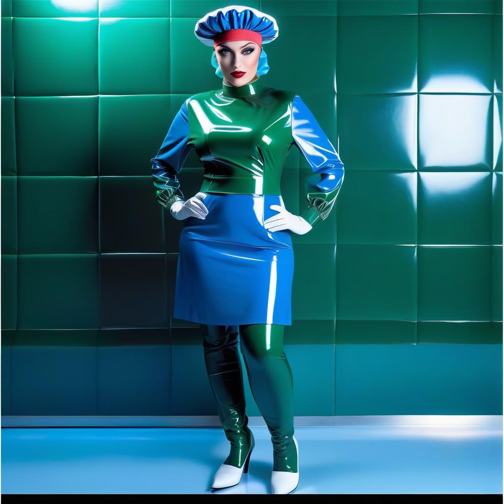  woman surgeon, wearing a shower cap beret made of two colors glossy latex, the upper part of the shower cap beret with a rounded dome in the shape of a mushroom with folds, made of glossy dark blue latex, the lower part of the shower cap beret with folds on an elastic band, glossy dark green latex, shower cap beret is divided horizontally into two parts, shower cap covers hair, ears and forehead, framing the face hyperrealistic, full body, detailed clothing, highly detailed, cinematic lighting, stunningly beautiful, intricate, sharp focus, f/1. 8, 85mm, (centered image composition), (professionally color graded), ((bright soft diffused light)), volumetric fog, trending on instagram, trending on tumblr, HDR 4K, 8K