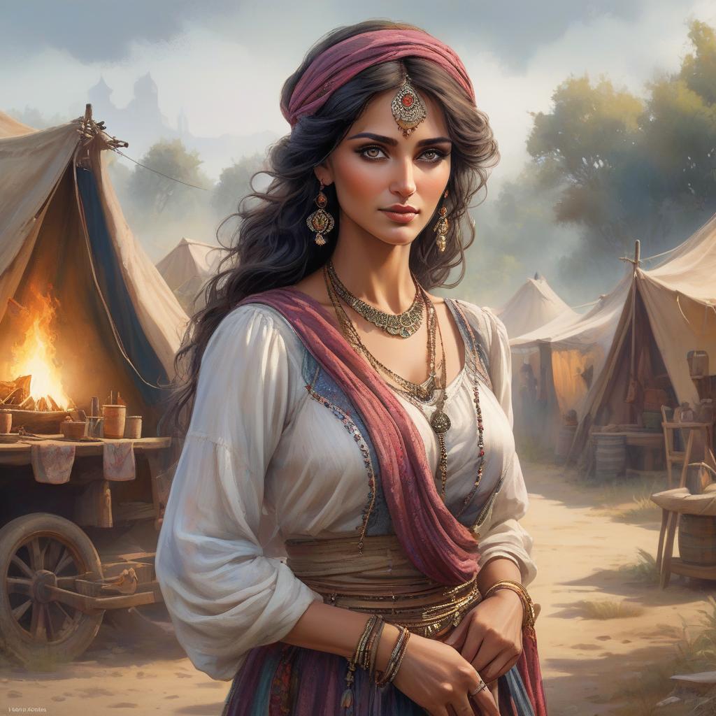  concept art Portrait, watercolor of a beautiful gypsy, digital art, fantasy, detailed and fine facial features, wrinkles, eyes with a charming look, typical costume of a young gypsy, very expressive and detailed eyes, behind her there is a small gypsy camp of which It is one part, post impressionist colorism, soft and velvety texture, by wadim kashin and Carne Griffiths . digital artwork, illustrative, painterly, matte painting, highly detailed hyperrealistic, full body, detailed clothing, highly detailed, cinematic lighting, stunningly beautiful, intricate, sharp focus, f/1. 8, 85mm, (centered image composition), (professionally color graded), ((bright soft diffused light)), volumetric fog, trending on instagram, trending on tumblr, HDR 4K, 8K