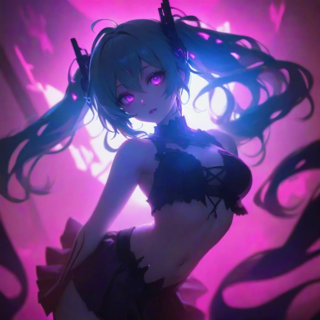  a with gles standing in front of a purple light, hatsune miku, beautiful hands, very devil outfit, ( ( ilration, shadows of zombies, 5 d, malevolent eny, best on wlop, by Aleksandr Ivanovich Laktionov, live2d, 🎀 🧟 🍓 🧚, h 1 0 2 4, 1024x1024 hyperrealistic, full body, detailed clothing, highly detailed, cinematic lighting, stunningly beautiful, intricate, sharp focus, f/1. 8, 85mm, (centered image composition), (professionally color graded), ((bright soft diffused light)), volumetric fog, trending on instagram, trending on tumblr, HDR 4K, 8K