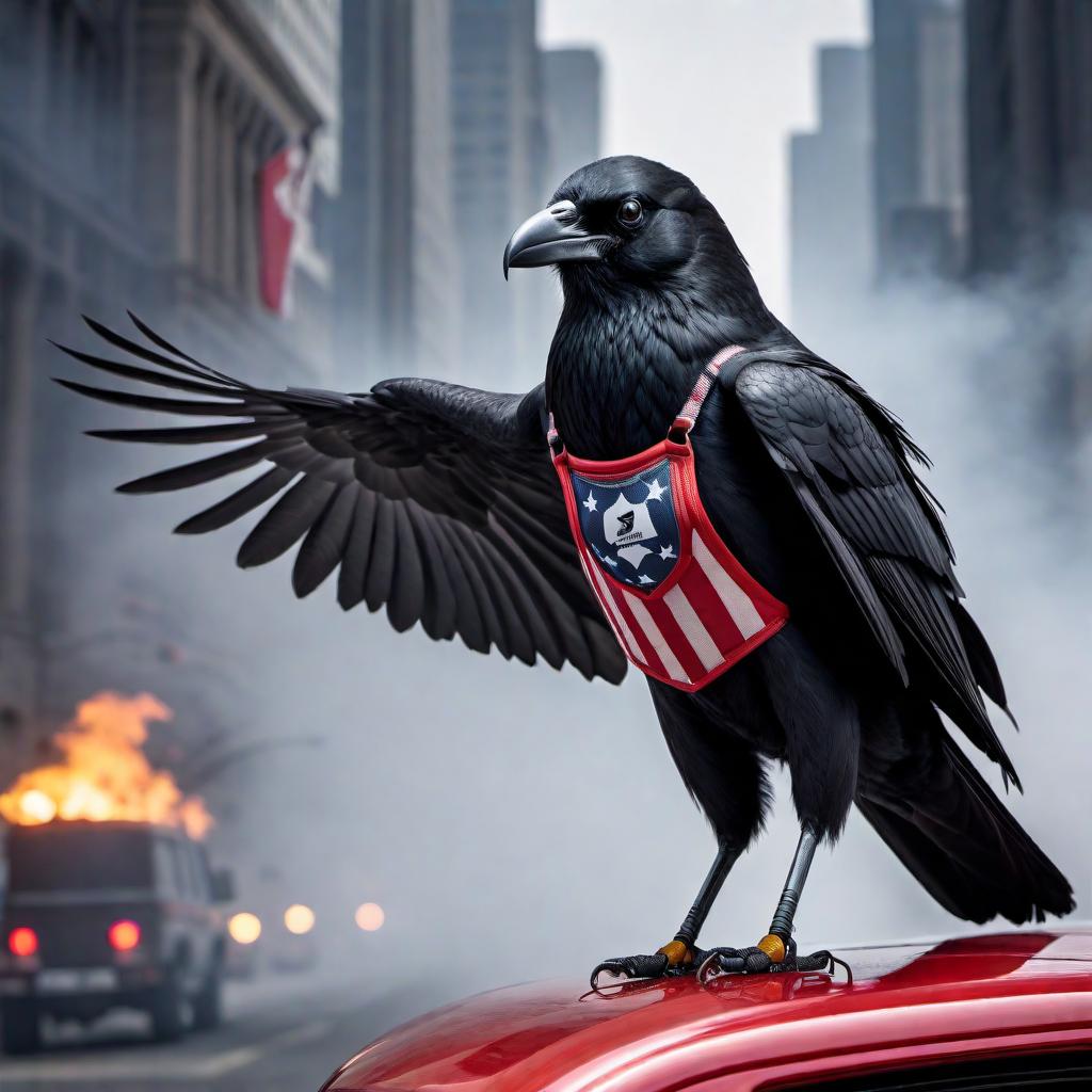  Create a marketing design for a truck that features the 'Crow Safety Gear' logo with a flying crow wearing a harness restraint. Style the design in an American flag color scheme. Integrate pictures of safety gear such as harnesses, safety suits, shoes, and accessories. The overall design should be eye-catching and professional, emphasizing safety and patriotism. hyperrealistic, full body, detailed clothing, highly detailed, cinematic lighting, stunningly beautiful, intricate, sharp focus, f/1. 8, 85mm, (centered image composition), (professionally color graded), ((bright soft diffused light)), volumetric fog, trending on instagram, trending on tumblr, HDR 4K, 8K