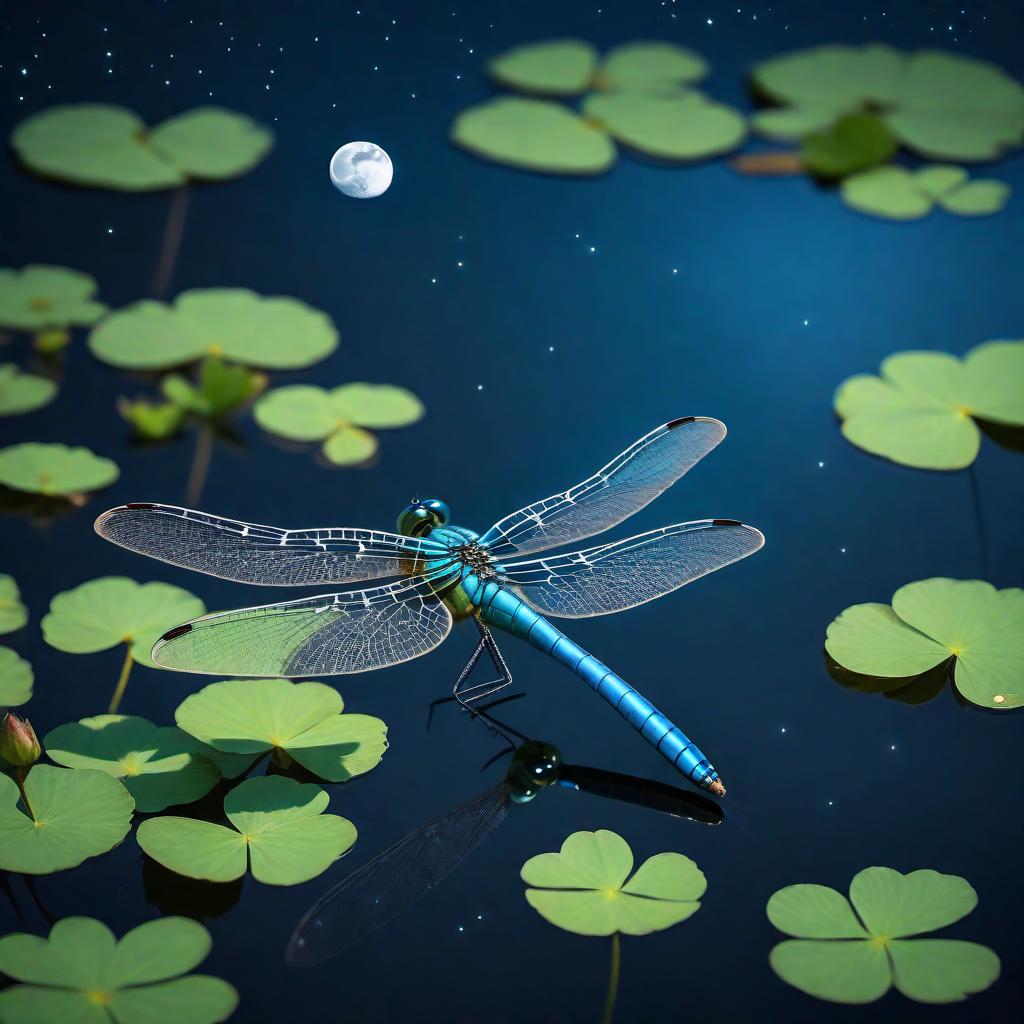  A lower, worm's-eye view showing a single blue dragonfly flying upwards from a four-leaf clover at the edge of a pond. The scene includes a clear reflection of both the blue dragonfly and the full moon in the pond. The background features a blue night sky with a full moon in view and stars lightly scattered around. The image captures the details of the single blue dragonfly, the four-leaf clover, the pond, and especially focuses on the reflections of the blue dragonfly and the moon in the pond, with the serene beauty of the night sky. hyperrealistic, full body, detailed clothing, highly detailed, cinematic lighting, stunningly beautiful, intricate, sharp focus, f/1. 8, 85mm, (centered image composition), (professionally color graded), ((bright soft diffused light)), volumetric fog, trending on instagram, trending on tumblr, HDR 4K, 8K