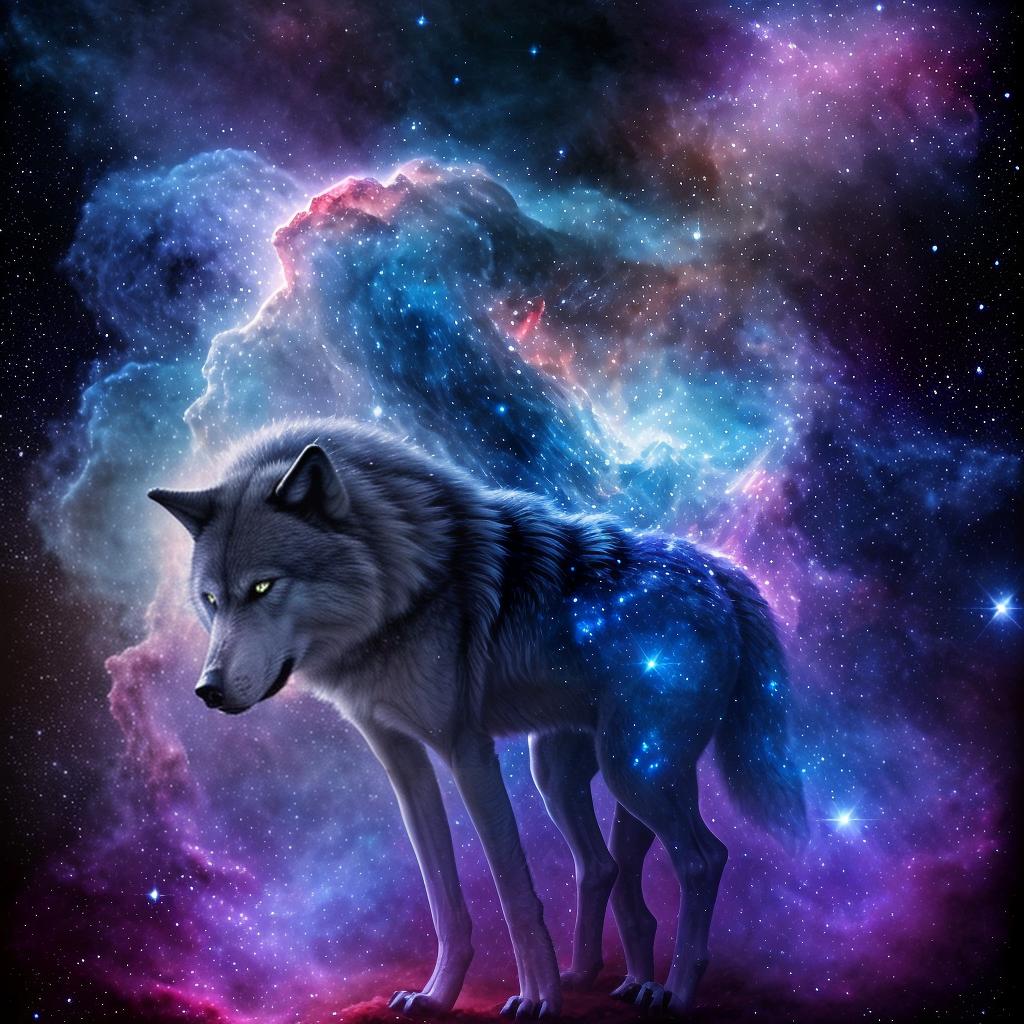  an ethereal and haunting wolf made of stardust in a cosmic setting surrounded by a nebula