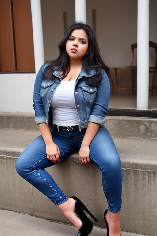   and curvy Honduran with gles, sitting and wearing a denim jacket, black tight , and high heels