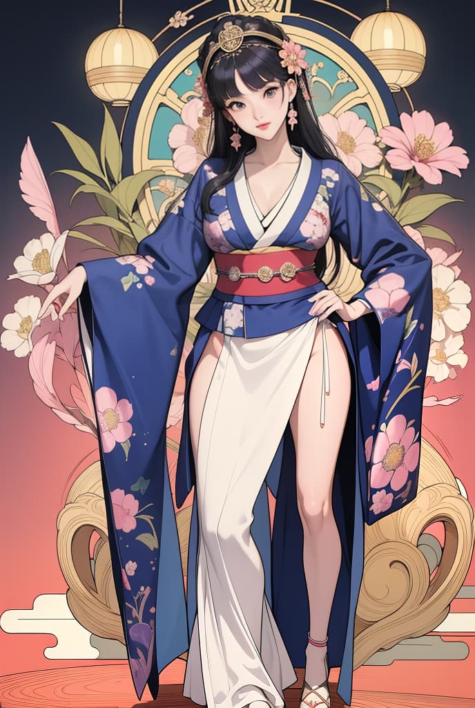  Classical tarot card style, Art Nouveau, Alex Solis stlye, Anime, Japanese traditional queen Yukata, A very beautiful Japanese girl, Glamorous, Look ahead, Perfect full body, Perfect figure, perfect finger, Women are surrounded by complex designs and colorful flowers in traditional Japanese patterns, Background is reminiscent of stained glass or elaborate metalwor, ADVERTISING PHOTO,high quality, good proportion, masterpiece , The image is captured with an 8k camera