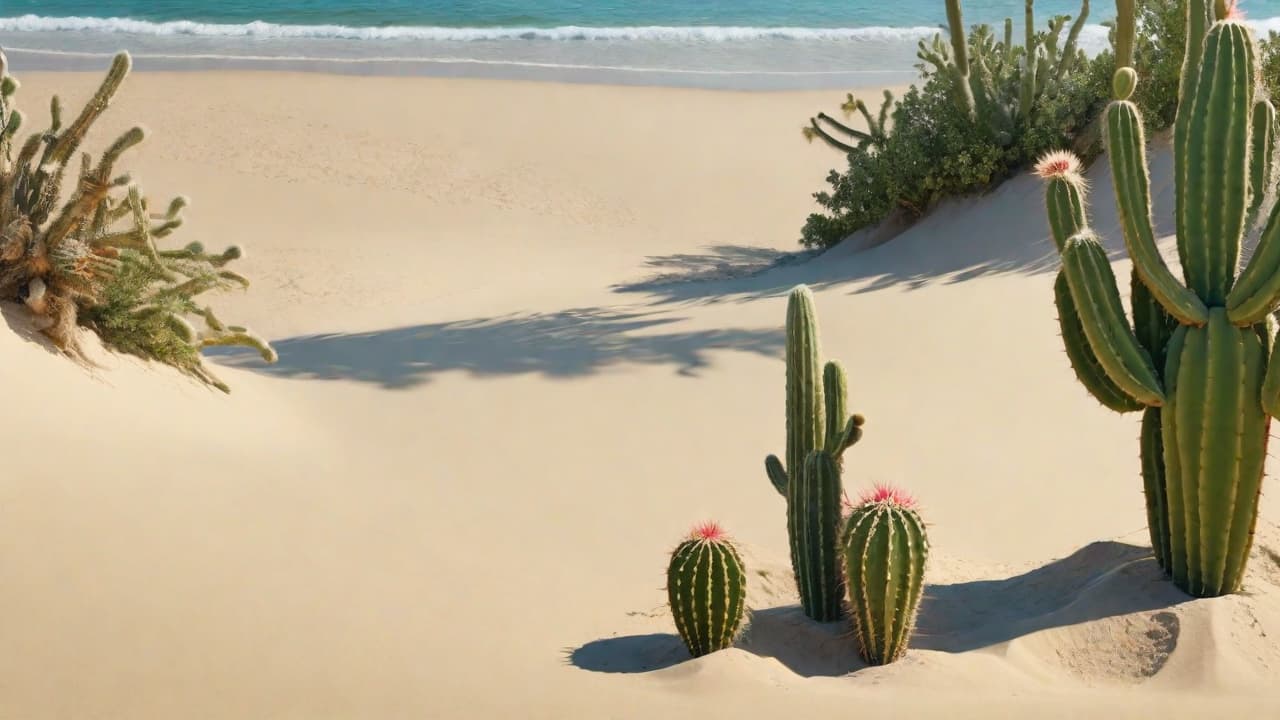  Beach summer panoramic background with cactus on the sand, high quality, high details, HD, perfect composition, 4k epic detailed, highly detailed, sharp focus, high resolution