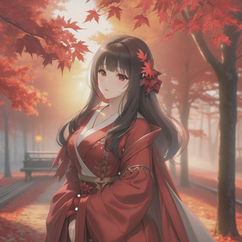  breathtaking sunset, red maples, warm autumn, fantasy world . award winning, professional, highly detailed hyperrealistic, full body, detailed clothing, highly detailed, cinematic lighting, stunningly beautiful, intricate, sharp focus, f/1. 8, 85mm, (centered image composition), (professionally color graded), ((bright soft diffused light)), volumetric fog, trending on instagram, trending on tumblr, HDR 4K, 8K