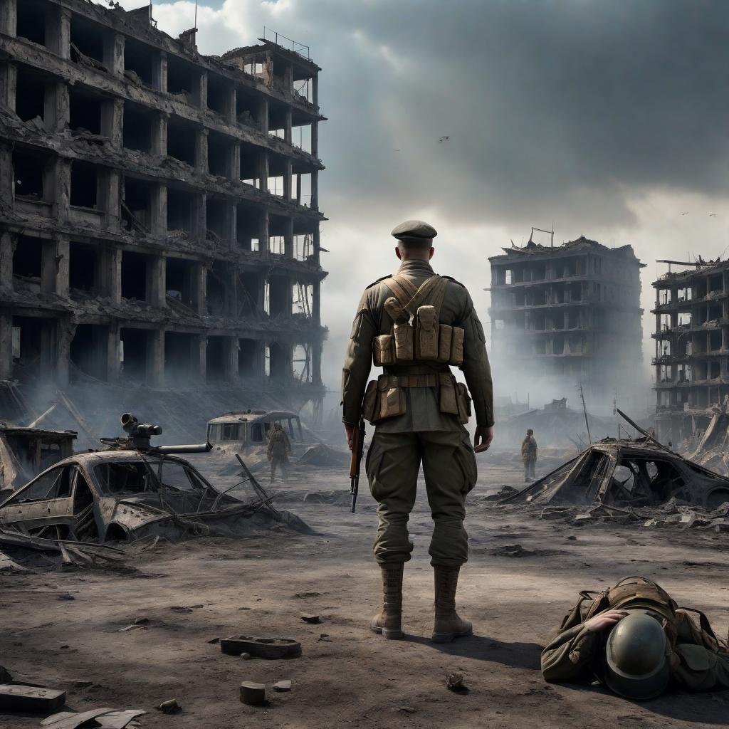  In a World War II setting, an emotionally charged, 3D, semi-realistic orbital scene. A lone, wounded soldier stands in a desolate battlefield, symbolizing a harrowing struggle. The soldier, clad in tarnished, WWII-era military gear, is battered and weary, with visible wounds and torn clothes. Surrounding him are abstract, ghostly figures of women, representing emotional battles and conflicts. These ethereal women have translucent appearances, floating around the soldier in an orbital motion, embodying memories, regrets, and emotional hauntings. Each woman carries faint, symbolic elements like letters or photographs from the past, adding to the emotional weight. The background is a dark, war-torn landscape with shadows of destroyed buildings hyperrealistic, full body, detailed clothing, highly detailed, cinematic lighting, stunningly beautiful, intricate, sharp focus, f/1. 8, 85mm, (centered image composition), (professionally color graded), ((bright soft diffused light)), volumetric fog, trending on instagram, trending on tumblr, HDR 4K, 8K