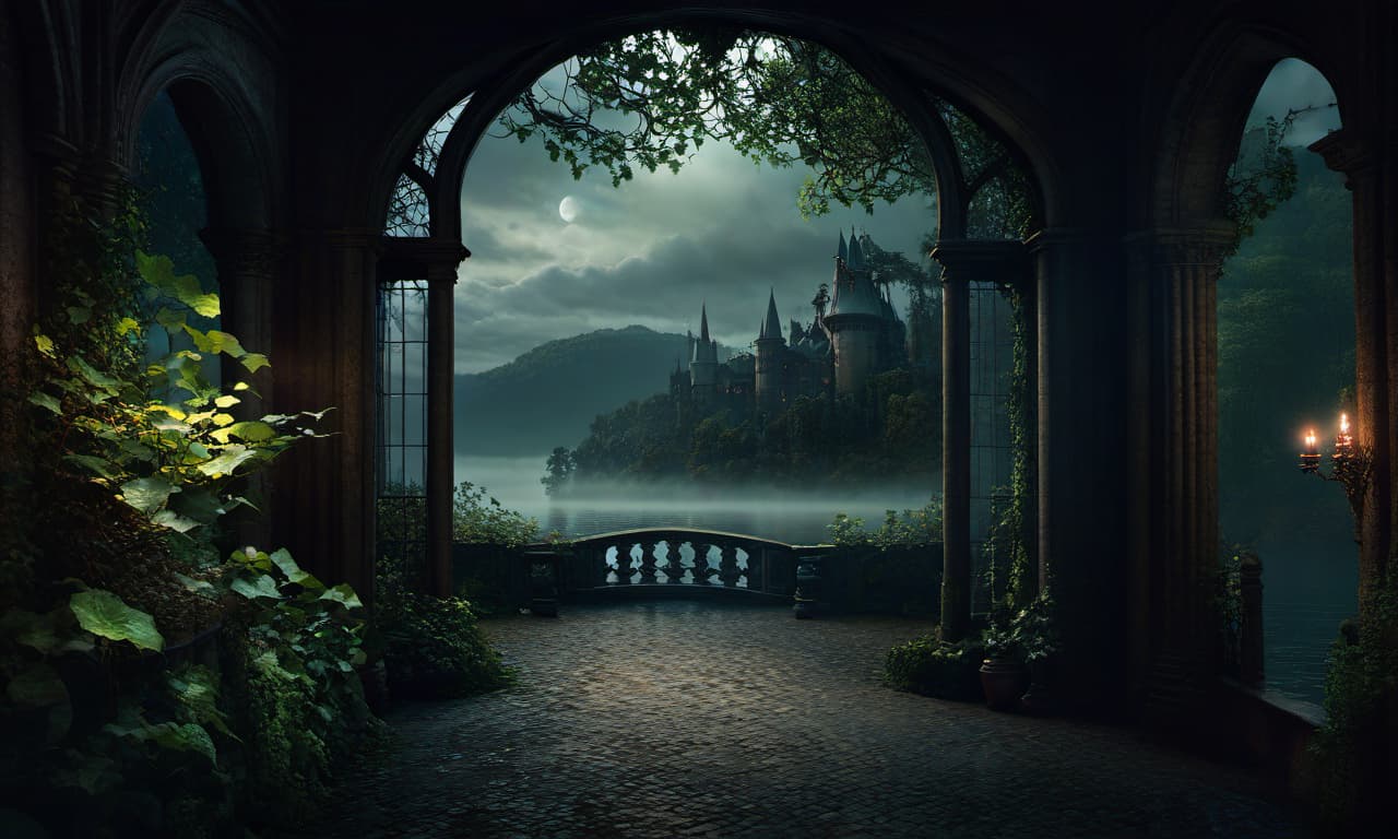  concept art a dark fairytale background on a forest and lake, antique decor, ivy covered walls, dark atmosphere, clear composition, clear lines, fine detail, 4k, trending on artstation, volumetric lighting, background, 16k, high resolution, atmospheric haze, Film grain, cinematic film still, shallow depth of field, highly detailed, moody, epic, photorealistic, atmospheric lighting, volumetric lighting. The technique of painting is simple, cinematic. ethereal lights, mysterious and alluring atmosphere, trending on art galleries specializing in fantasy art. extremely detailed, fantasy art style, dark colours, gloomy clouds, night lighting, night, random colore lighting . digital artwork, illustrative, painterly, matte painting, highly detail hyperrealistic, full body, detailed clothing, highly detailed, cinematic lighting, stunningly beautiful, intricate, sharp focus, f/1. 8, 85mm, (centered image composition), (professionally color graded), ((bright soft diffused light)), volumetric fog, trending on instagram, trending on tumblr, HDR 4K, 8K