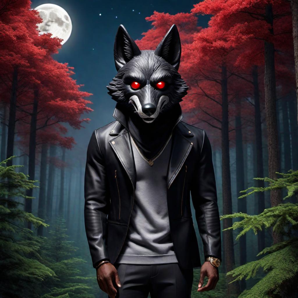  A cartoon character of a black man with a small beard wearing a black, chinless wolf mask and a red nose. The background should include a dark forest with tall trees and a full moon in the night sky. The character should be depicted in a playful, colorful cartoon style. hyperrealistic, full body, detailed clothing, highly detailed, cinematic lighting, stunningly beautiful, intricate, sharp focus, f/1. 8, 85mm, (centered image composition), (professionally color graded), ((bright soft diffused light)), volumetric fog, trending on instagram, trending on tumblr, HDR 4K, 8K