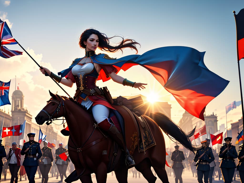  Photo of a parade in Berlin dedicated to freedom, with participants waving flags and banners. People are in the center of the frame, the background is blurred. Bright colors, bright sunlight. Hyper realistic style, 8K resolution, emphasis on energetic atmosphere and details. hyperrealistic, full body, detailed clothing, highly detailed, cinematic lighting, stunningly beautiful, intricate, sharp focus, f/1. 8, 85mm, (centered image composition), (professionally color graded), ((bright soft diffused light)), volumetric fog, trending on instagram, trending on tumblr, HDR 4K, 8K