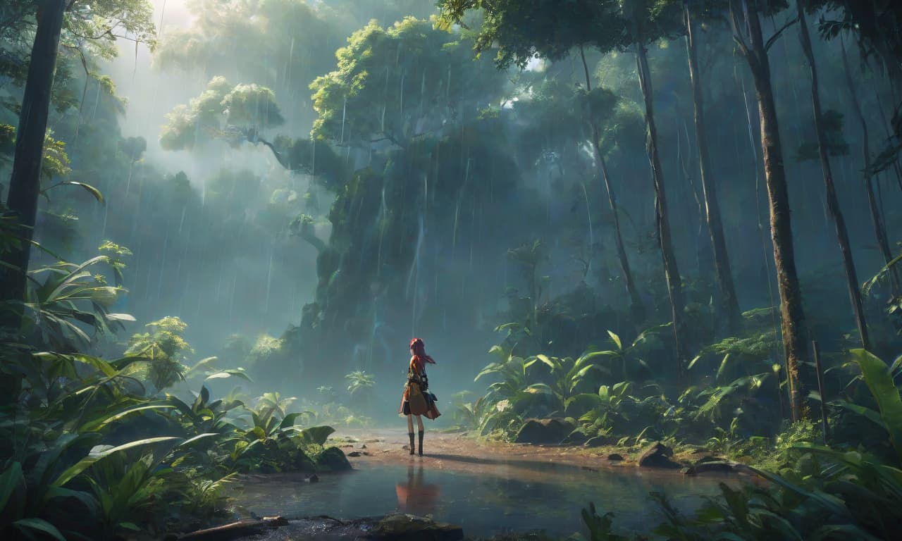  anime artwork Anime drawing. Empty jungles. Nature. There's a heavy downpour. Lightning strikes. No people. . anime style, key visual, vibrant, studio anime, highly detailed hyperrealistic, full body, detailed clothing, highly detailed, cinematic lighting, stunningly beautiful, intricate, sharp focus, f/1. 8, 85mm, (centered image composition), (professionally color graded), ((bright soft diffused light)), volumetric fog, trending on instagram, trending on tumblr, HDR 4K, 8K