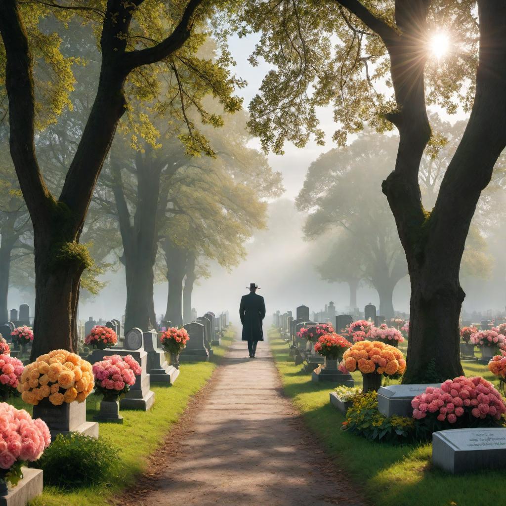  A picture of a person named Michel going to a cemetery to pray for the dead. The scene is serene and heartfelt, with Michel carrying a bouquet of flowers. The cemetery is peaceful, with headstones and a path leading to a central memorial area. There are tall oak trees and the sky is partly cloudy, casting a tranquil light over the scene. hyperrealistic, full body, detailed clothing, highly detailed, cinematic lighting, stunningly beautiful, intricate, sharp focus, f/1. 8, 85mm, (centered image composition), (professionally color graded), ((bright soft diffused light)), volumetric fog, trending on instagram, trending on tumblr, HDR 4K, 8K