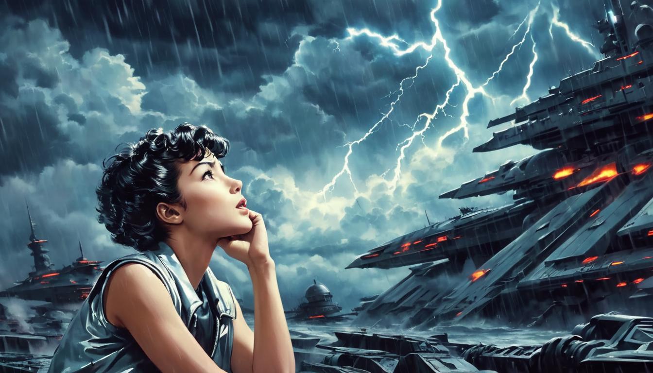  retro futuristic young person clasping head, overwhelmed expression, stormy backdrop, intense weather, emotional turmoil, visual of inner struggle, dramatic lighting lvintage sci fi, 50s and 60s style, atomic age, vibrant, highly detailed