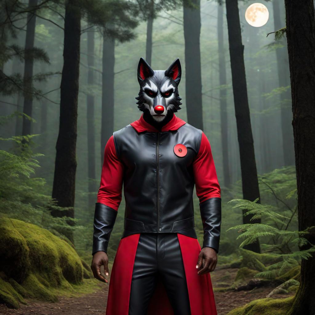  A cartoon character of a black man with a small beard wearing a black, chinless wolf mask and a red nose. The background should include a dark forest with tall trees and a full moon in the night sky. The character should be depicted in a playful, colorful cartoon style. hyperrealistic, full body, detailed clothing, highly detailed, cinematic lighting, stunningly beautiful, intricate, sharp focus, f/1. 8, 85mm, (centered image composition), (professionally color graded), ((bright soft diffused light)), volumetric fog, trending on instagram, trending on tumblr, HDR 4K, 8K