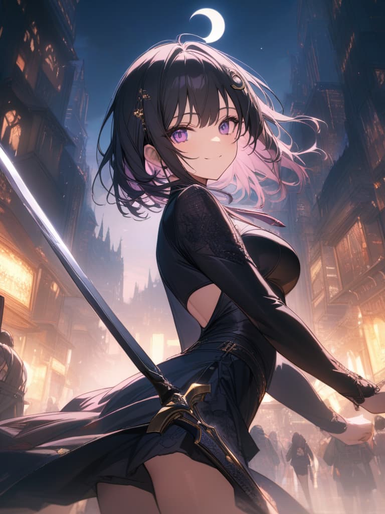  Holy sword,golden sword,burning city,smile,sword raised,golden light,Excalibur,cool girl,Black hair,(purple eyes),short,cropped hair,crescent moon hair ornament, masterpiece, best quality,8k,ultra detailed,high resolution,an extremely delicate and beautiful,hyper detail