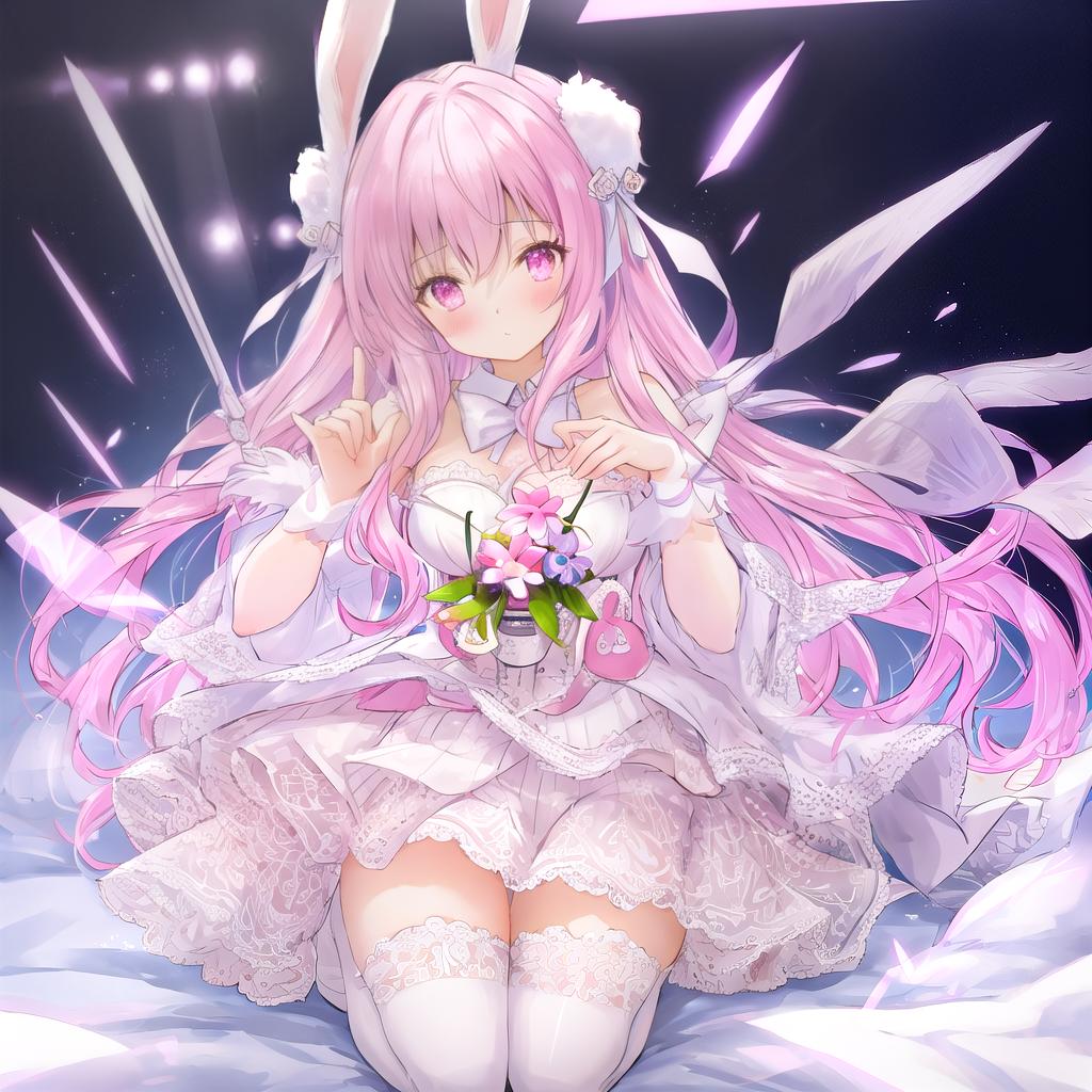  beautiful ilration, best quality, cute , bedroom, pastel color, fluffy bunny ears, , silver long hair, rabbit stuffed toy, bright lighting, light pink eyes,chibi hyperrealistic, full body, detailed clothing, highly detailed, cinematic lighting, stunningly beautiful, intricate, sharp focus, f/1. 8, 85mm, (centered image composition), (professionally color graded), ((bright soft diffused light)), volumetric fog, trending on instagram, trending on tumblr, HDR 4K, 8K