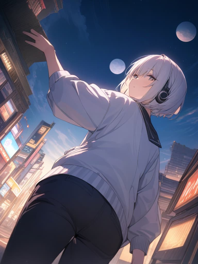  ultra detailed:1.2masterpiece:1.2,best quality,masterpiece,bestquality,hdr:1.1,8k:1.1,(student boy:1.7)(pants set style):from back:1.3,from below:1.6,looking up:1.4,city,night:1.4,star:1.4,moon:1.4,arm up:1.6,hand up:1.6,looking moon:1.7,short hair:1.4,headphone, masterpiece, best quality,8k,ultra detailed,high resolution,an extremely delicate and beautiful,hyper detail