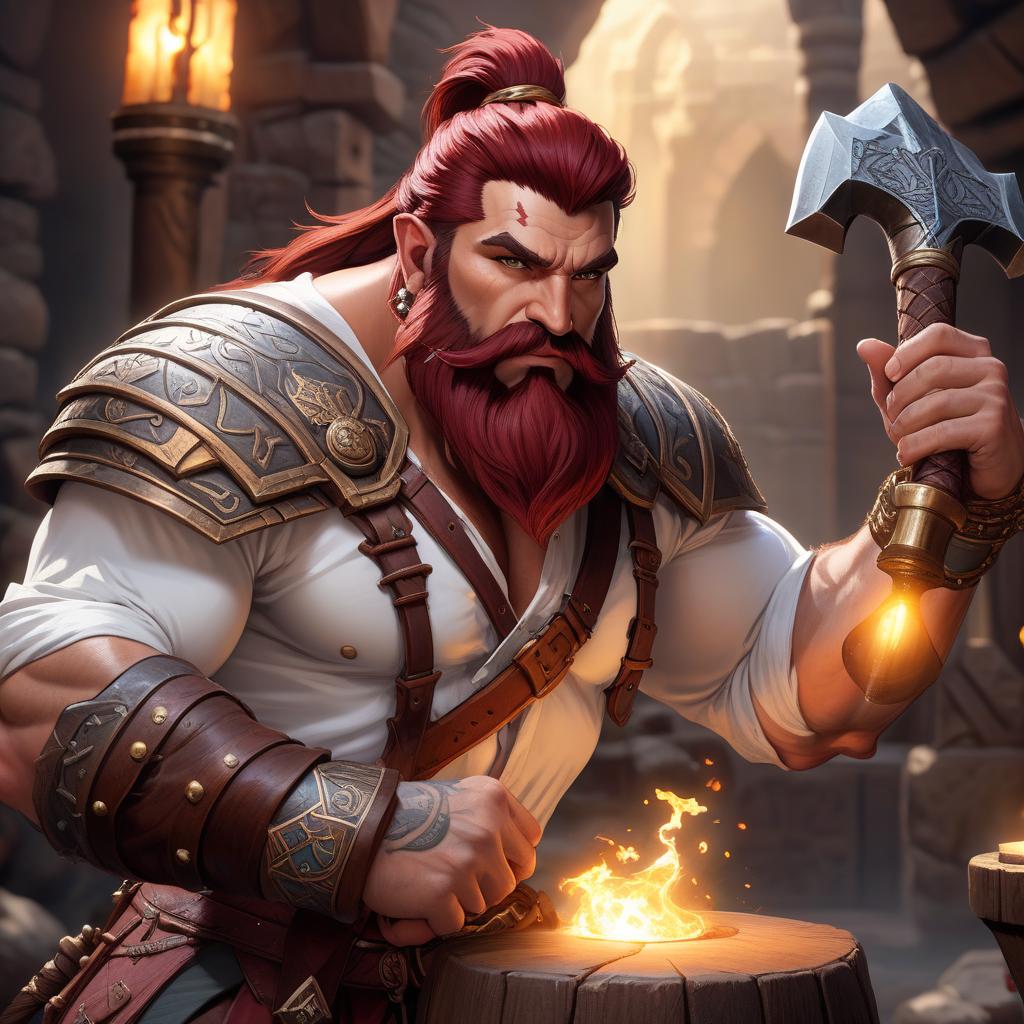  Barbarian dwarf, dark red hair, luxurious beard, white shirt, brown trousers, brown eyes, two handed battle hammer in the left hand, Dungeons and dragons, fantasy, tattoos, glass beer mug in the right hand, fantasy hyperrealistic, full body, detailed clothing, highly detailed, cinematic lighting, stunningly beautiful, intricate, sharp focus, f/1. 8, 85mm, (centered image composition), (professionally color graded), ((bright soft diffused light)), volumetric fog, trending on instagram, trending on tumblr, HDR 4K, 8K